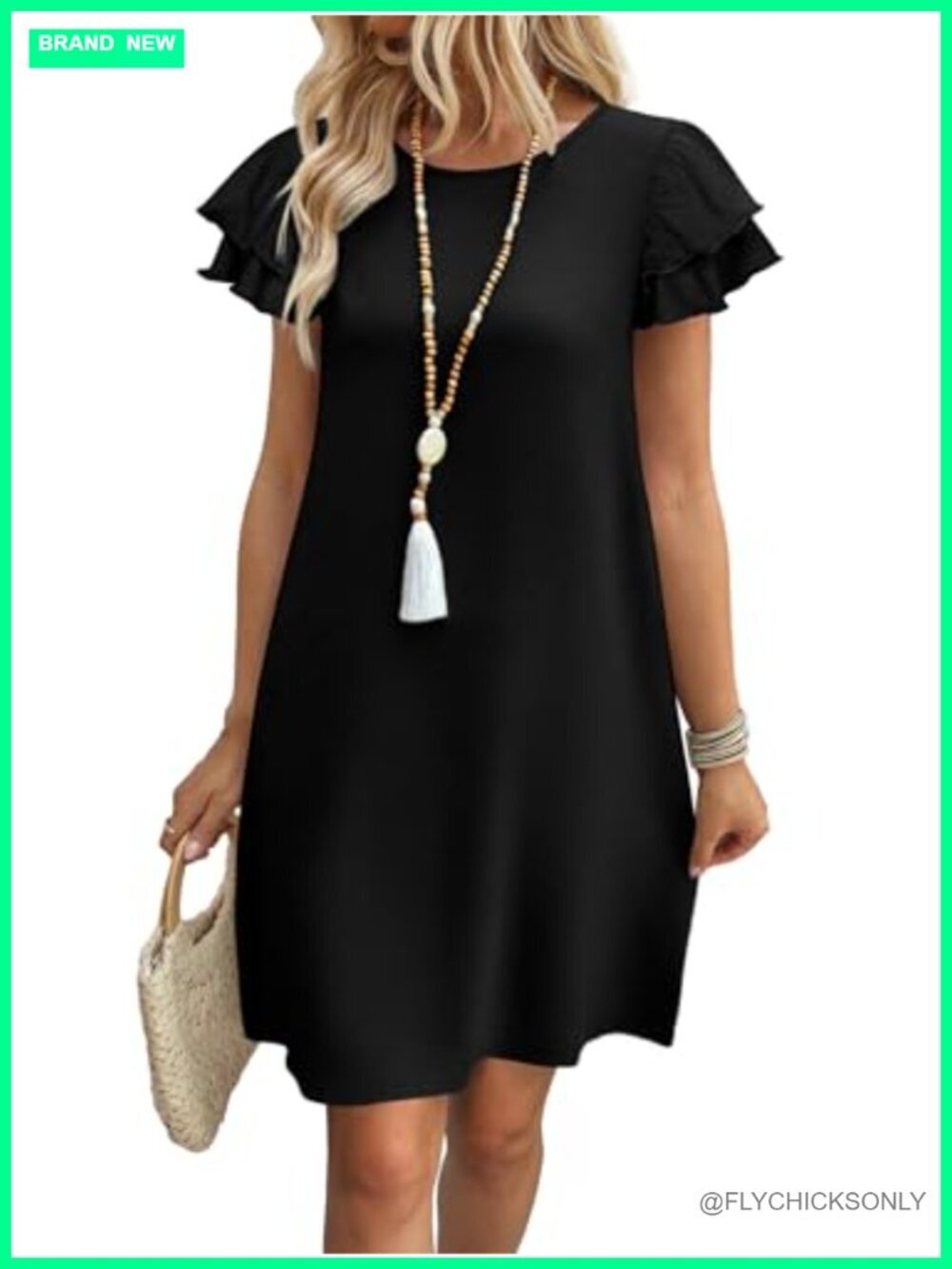Ruffle Sleeve Crew Neck Swing Dress with Pockets